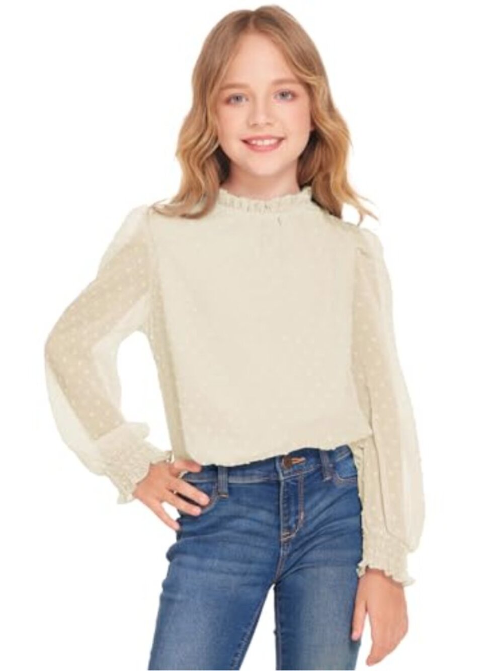 Girls Swiss Dot Chiffon Blouse Frill Neck Long Sleeve Top